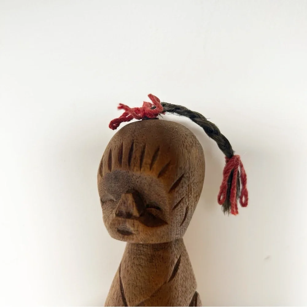 Handcrafted Wooden Folk Art Female Figurine with a Braid African Origin VTG